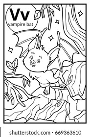 Coloring book for children, colorless alphabet. Letter V, vampire bat