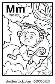 Coloring book for children, colorless alphabet. Letter M, monkey