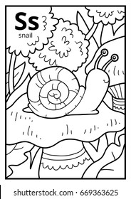 Coloring book for children, colorless alphabet. Letter S, snail
