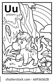 Coloring book for children, colorless alphabet. Letter U, unicorn