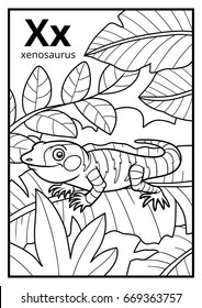 Coloring book for children, colorless alphabet. Letter X, xenosaurus