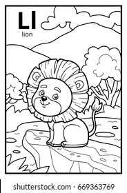 Coloring book for children, colorless alphabet. Letter L, lion