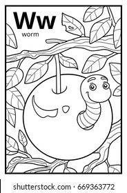 Coloring book for children, colorless alphabet. Letter W, worm