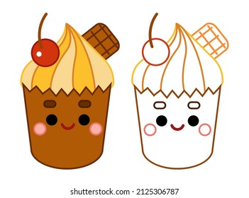 Coloring book for children, cupcake and cherry with a cute face