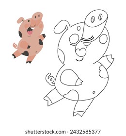 Coloring book for children, cute baby pig. Illustration and sketch, vector