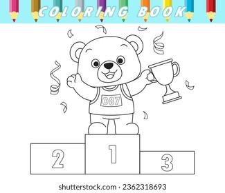 Coloring book for children. Cute bear holding trophy on podium. Vector cartoon illustration