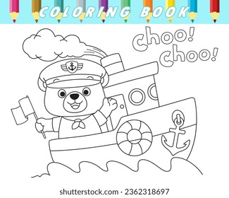 Coloring book for children. Cute bear in sailor uniform on boat. Vector cartoon illustration
