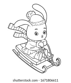 Coloring book for children, Cute bunny on a sled