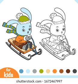 Coloring book for children, Cute bunny on a sled