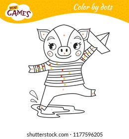 Coloring book for children. Cute cartoon pig runs a paper boat. Spring. 