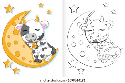 Coloring book for children Cute Cartoon Bull is sleeping on the moon