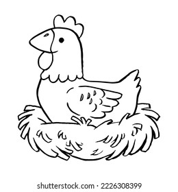 Coloring book for children, Cute cartoon hen sits on the nest