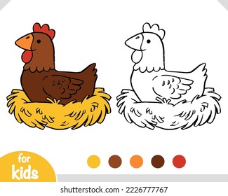 Coloring book for children, Cute cartoon hen sits on the nest