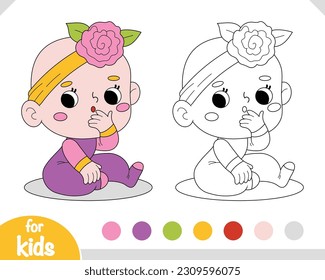 Coloring book for children, Cute cartoon baby girl with a pensive expression on her face