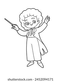 Coloring book for children, Cute cartoon girl the conductor of orchestra and stick