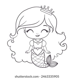 Coloring book for children. Cute cartoon mermaid. Funny beautiful little sea princess. Kids comic print for little girl. Vector illustration.