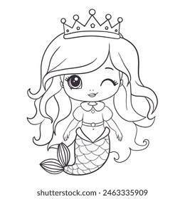 Coloring book for children. Cute cartoon mermaid. Funny beautiful little sea princess. Kids comic print for little girl. Vector illustration.