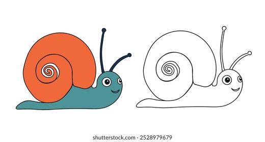 Coloring book for children. Cute cartoon snail. Color according to the sample. Hand drawn vector illustration isolated on beige background.