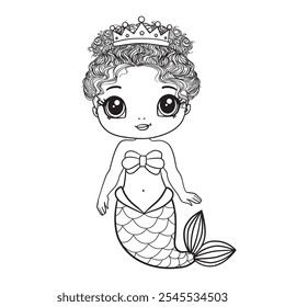 Coloring book for children. Cute cartoon mermaid. Funny beautiful little sea princess. Kids comic print for little girl. Vector illustration.