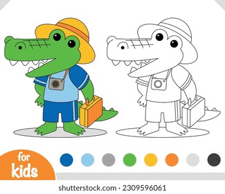 Coloring book for children, Cute crocodile traveler with a suitcase