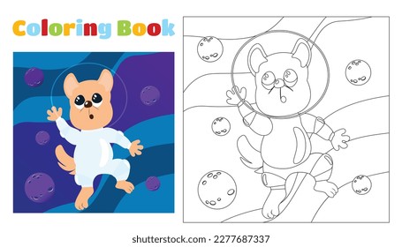 Coloring book for children cute dog in space in a space suit and a helmet among the planets. Pages for kindergarten or elementary school.