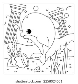 Coloring book for children, Cute dolphin and underwater city background