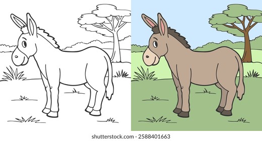 Coloring book for children, cute donkey in the meadow with trees. Illustration and sketch design.