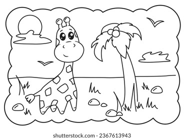 Coloring book for children, cute kawaii giraffe near a palm tree against the sky.