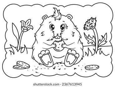 Coloring book for children, cute kawaii hamster eating cookies in a clearing among flowers.