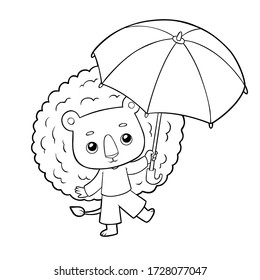 Coloring book for children, Cute lion and umbrella