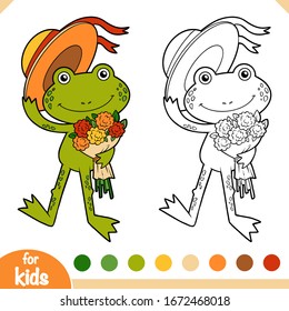 Coloring book for children, Cute little frog with a bouquet of flowers
