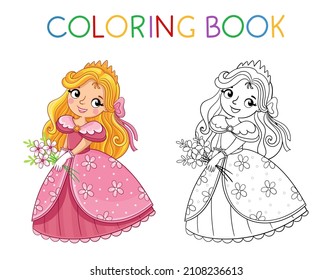 Coloring book for children. Cute little girl and princess in a pink beautiful dress. Vector illustration in a cartoon style