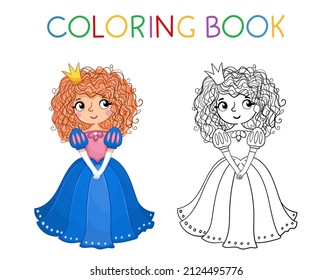 Libro de Colores para niños. Pequeña niña y princesa guita en un hermoso vestido. Ilustración vectorial en un estilo de caricatura