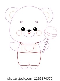 Coloring book for children, Cute little bear character with lollipop