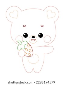 Coloring book for children, Cute little bear character and strawberry