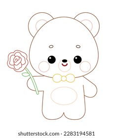 Coloring book for children, Cute little bear character with rose flower