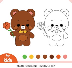 Coloring book for children, Cute little bear character with rose flower