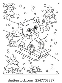 Coloring book for children. Cute little bear on a sled. Christmas illustration.