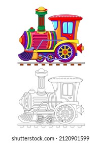 Coloring book for children. Cute model of toy steam locomotive. Colorful and black and white template for coloring. Kids activity sheet. Educational page. Cartoon vector illustration.