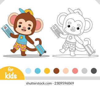 Coloring book for children, Cute monkey traveler with suitcase and air ticket