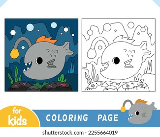 Coloring book for children, Cute monkfish and underwater cave background