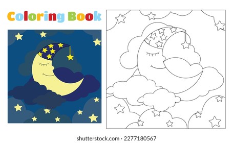 Coloring book for children cute moon in a nightcap sleeps on a cloud among the stars and clouds. Coloring pages for kindergarten or elementary school.