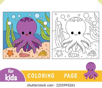 Coloring book for children, Cute octopus and sea background ocean floor