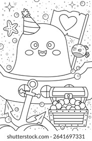 Coloring book for children with Cute Octopus pirate cartoon illustration