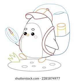 Coloring book for children, Cute Penguin traveler with backpack and compass