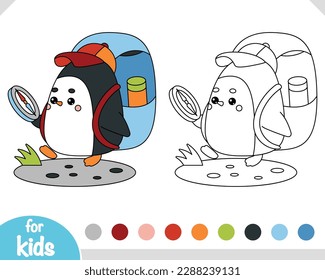 Coloring book for children, Cute Penguin traveler go hiking with backpack and compass