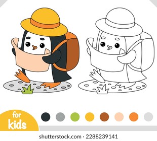 Coloring book for children, Cute Penguin traveler go hiking with backpack and map