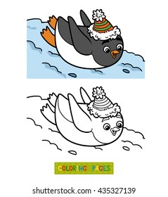 Coloring book for children, cute penguin slides from the mountain