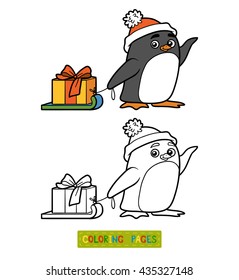 Coloring book for children, cute penguin with christmas gift on a sled