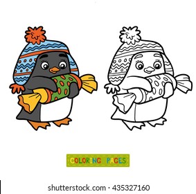 Coloring book for children, cute penguin with christmas gift